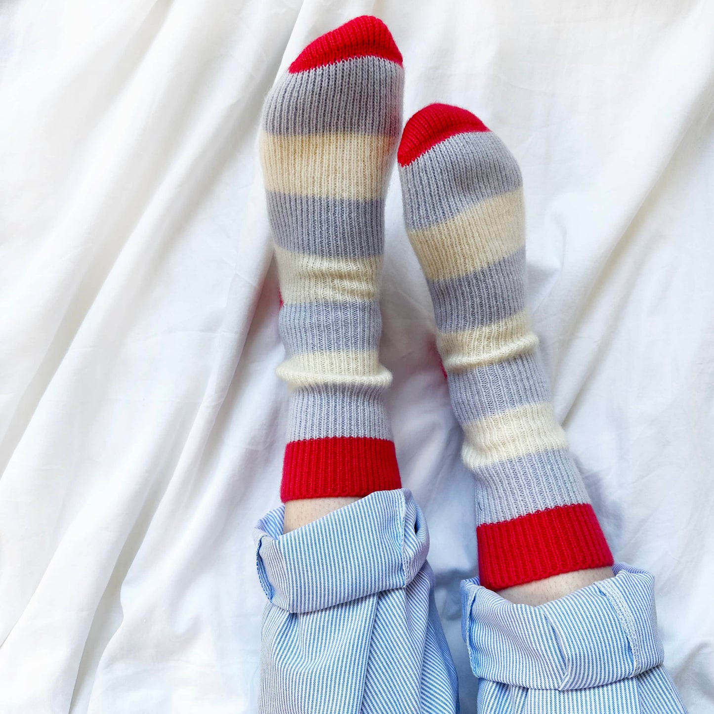 Handmade cashmere socks by Cashmere Party. Modern bright bold socks in 100% cashmere. Cashmere bed socks warm chunky and ribbed. Luxury cashmere socks.