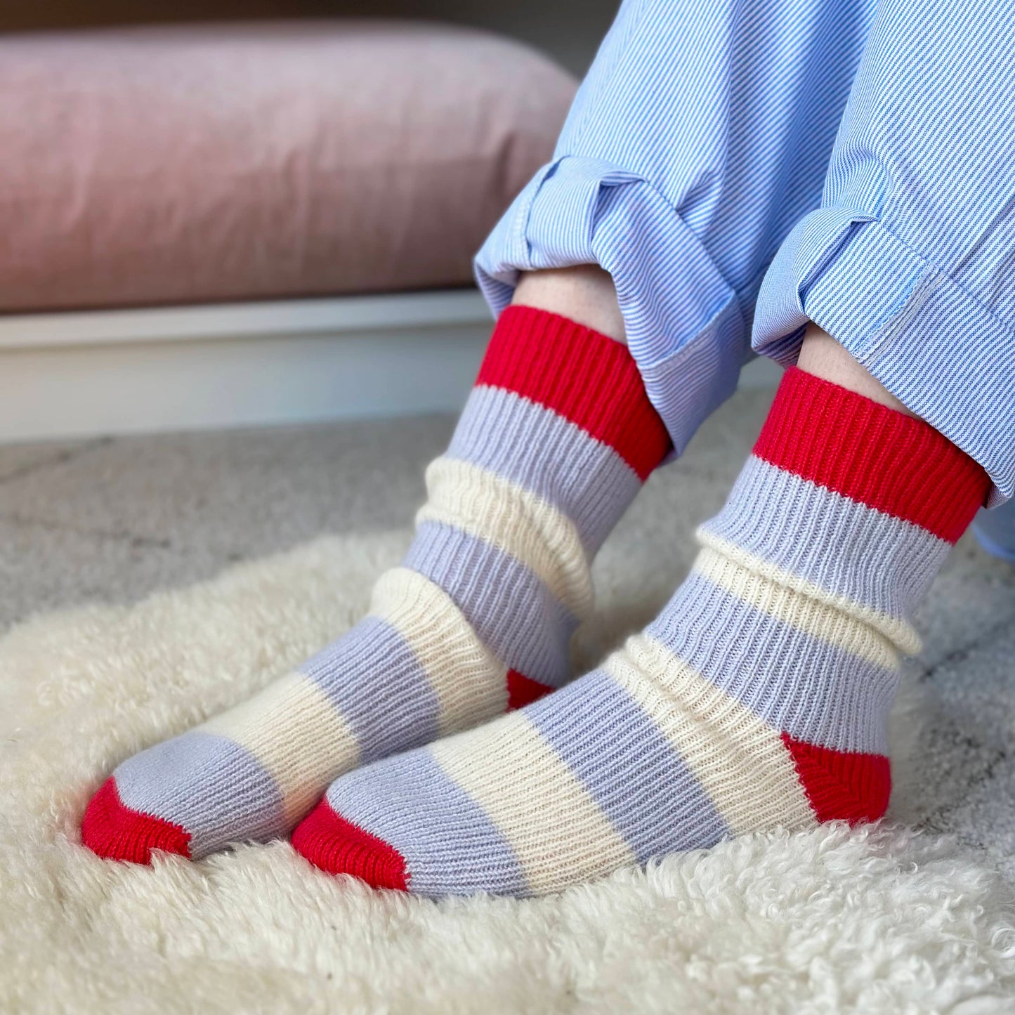 100% cashmere socks, warm soft luxury pure cashmere socks by Cashmere Party. Modern bright stripes in blue cream and red. Handmade socks.