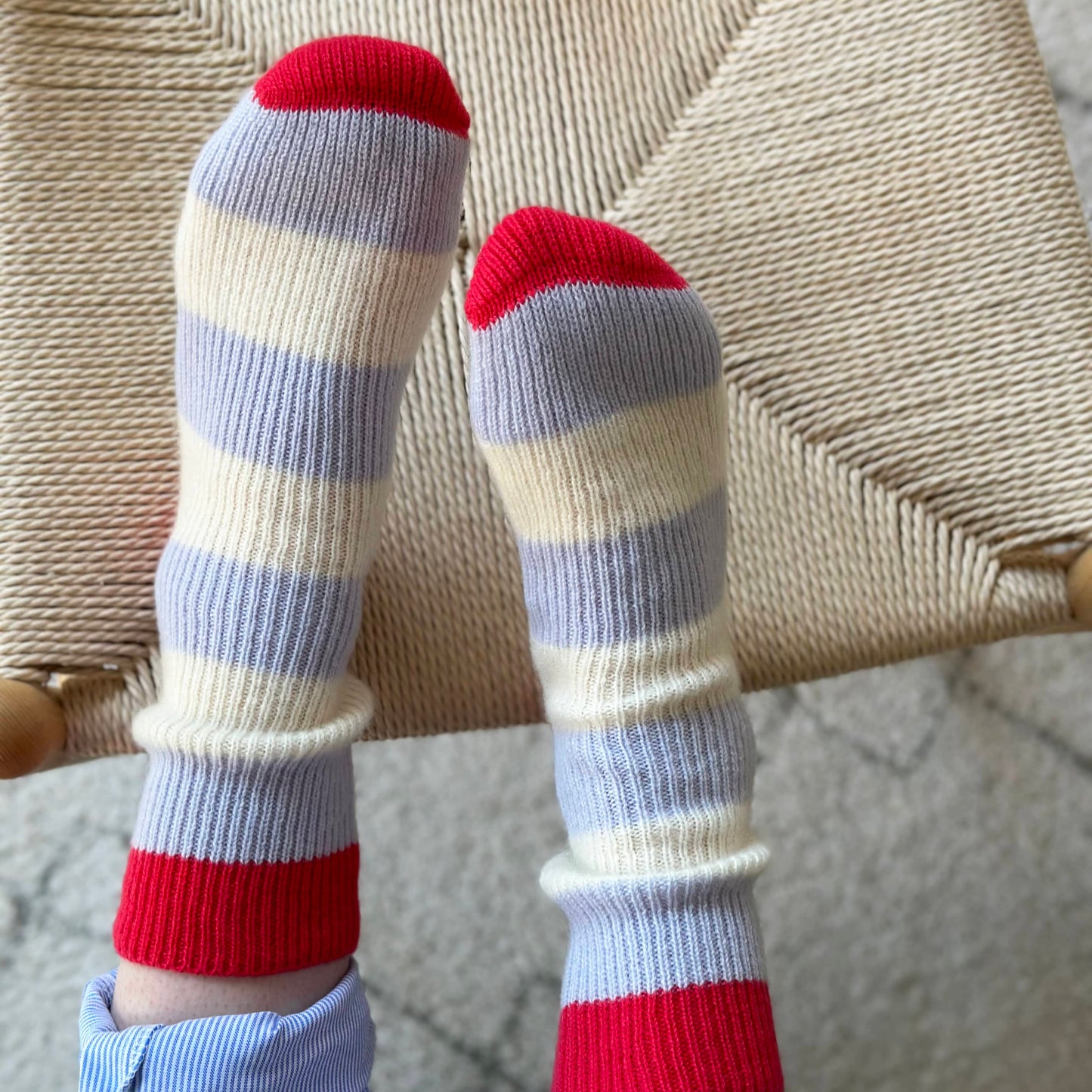 100% cashmere socks, warm chunky ribbed cashmere socks modern bright bold stripes. Handmade luxury socks by Cashmere Party