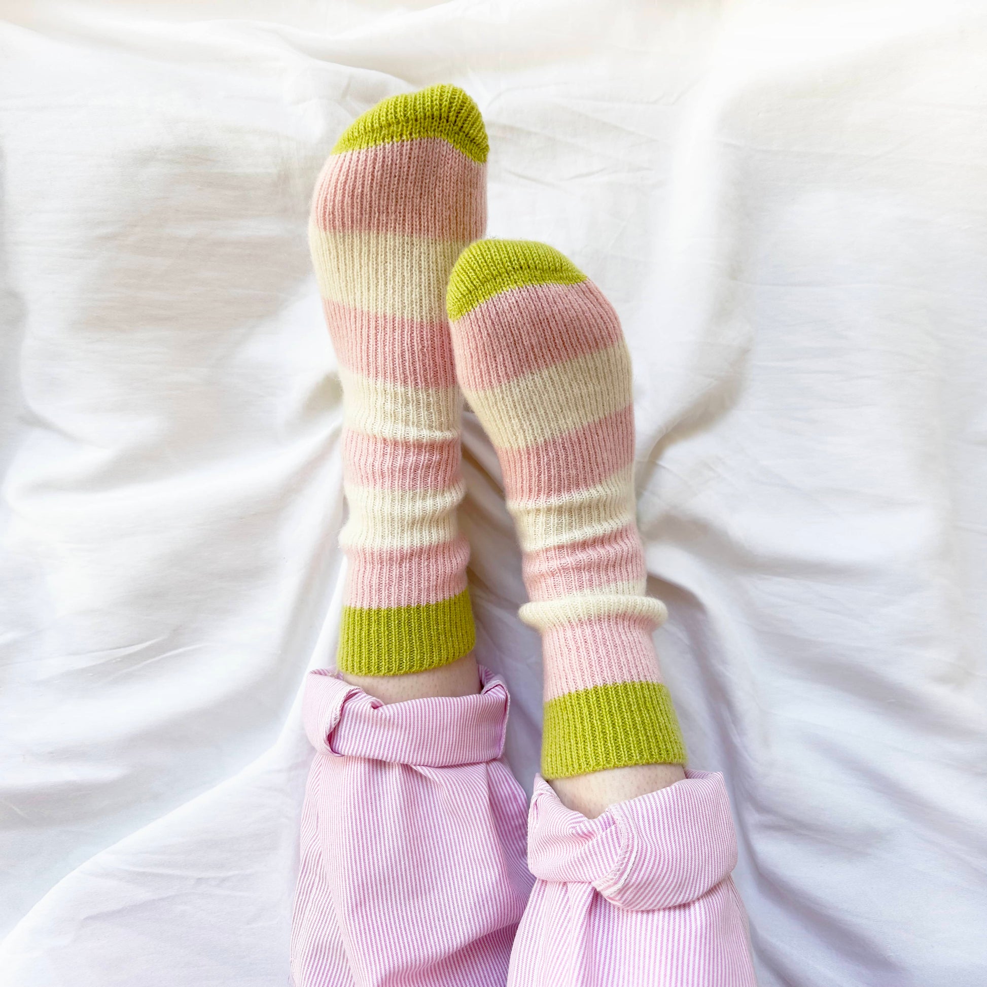 100% pure cashmere socks, fun bright bold design with stripes in pink and cream.  Handmade socks by Cashmere Party.