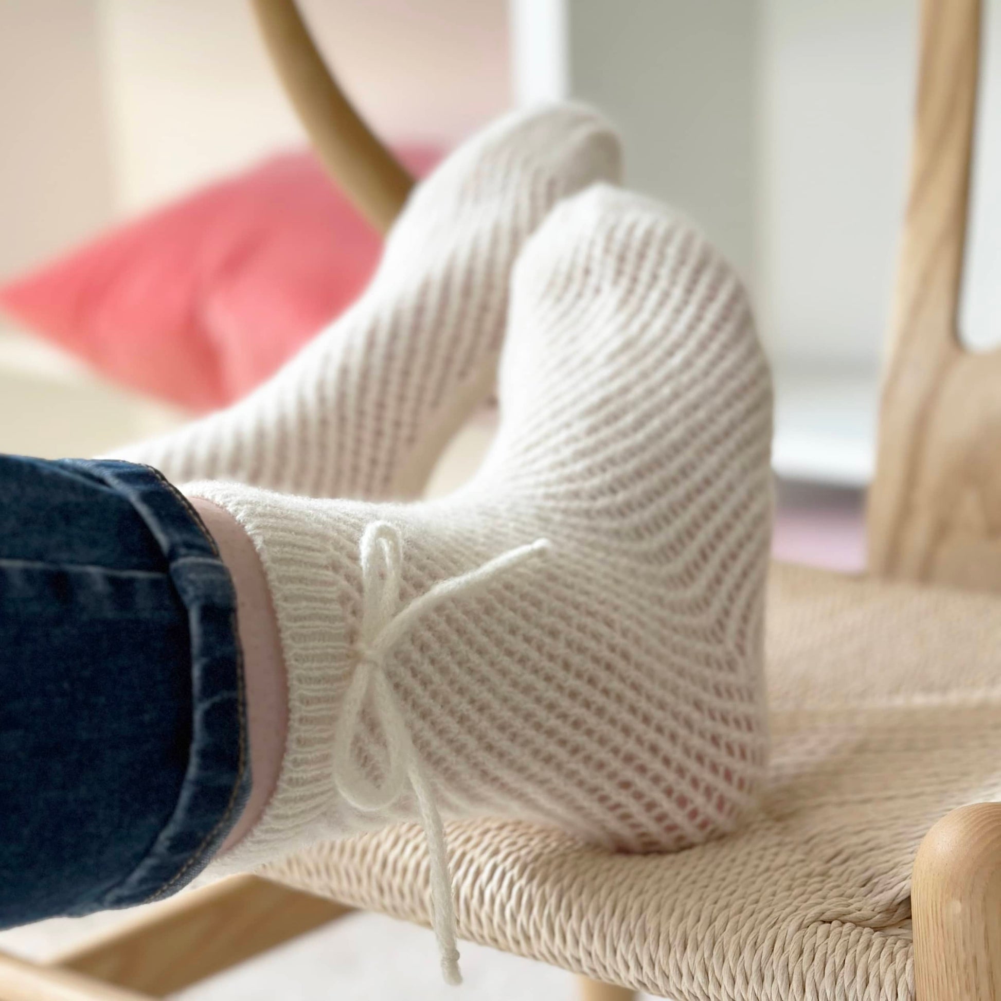 Pure cashmere luxury socks.  Knitted lace mesh socks with bow detail on ankle.  Handmade luxury socks by Cashmere Party.