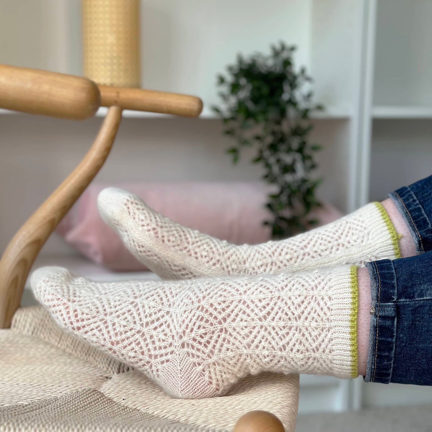 100% cashmere lace socks by Cashmere Party.  Handmade knitted lace stocks.  Modern fun luxury socks