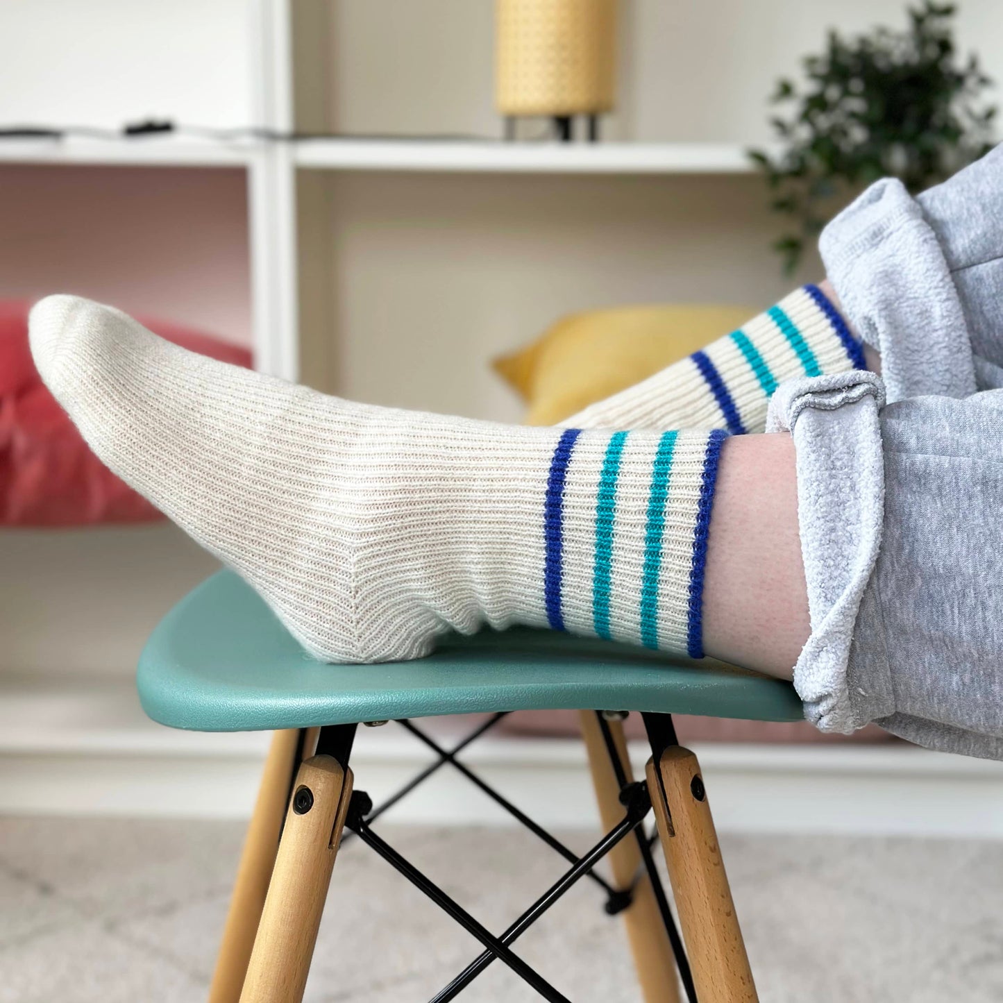 100% cashmere socks. handmade cashmere sport sock with blue stripes. Cashmere party pure cashmere socks. Modern bright fun cashmere socks.