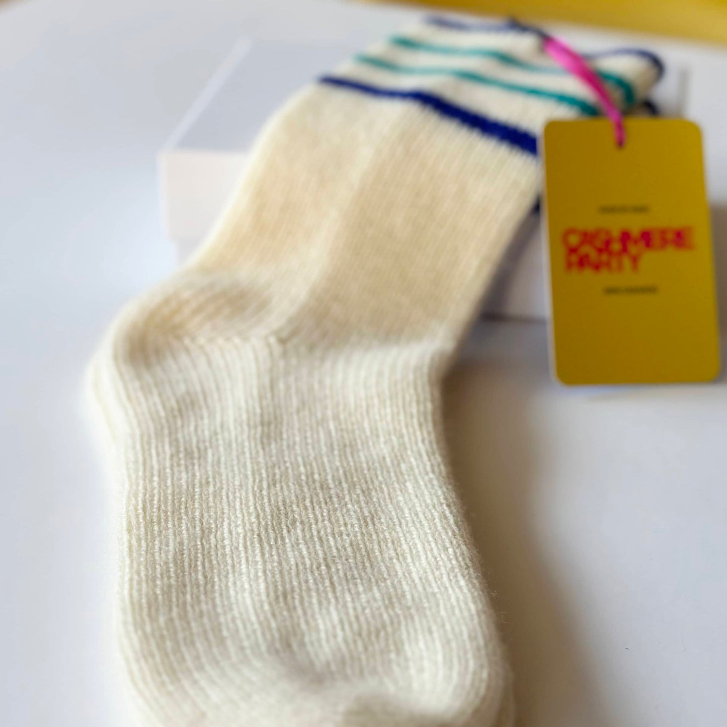 Close up of 100% pure cashmere sport socks by Cashmere Party. Handmade socks.