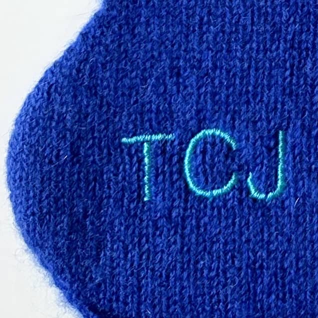 Close up of embroidery on cashmere scarf in yves blue.