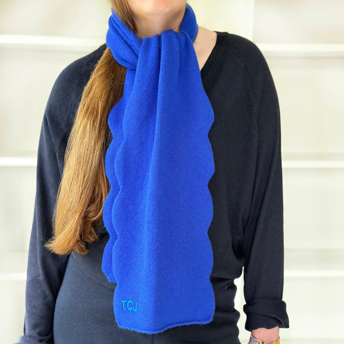 Yves Blue Cashmere Scarf with Scallop Edge. Modern bright cashmere knitted scarf with personalisation.