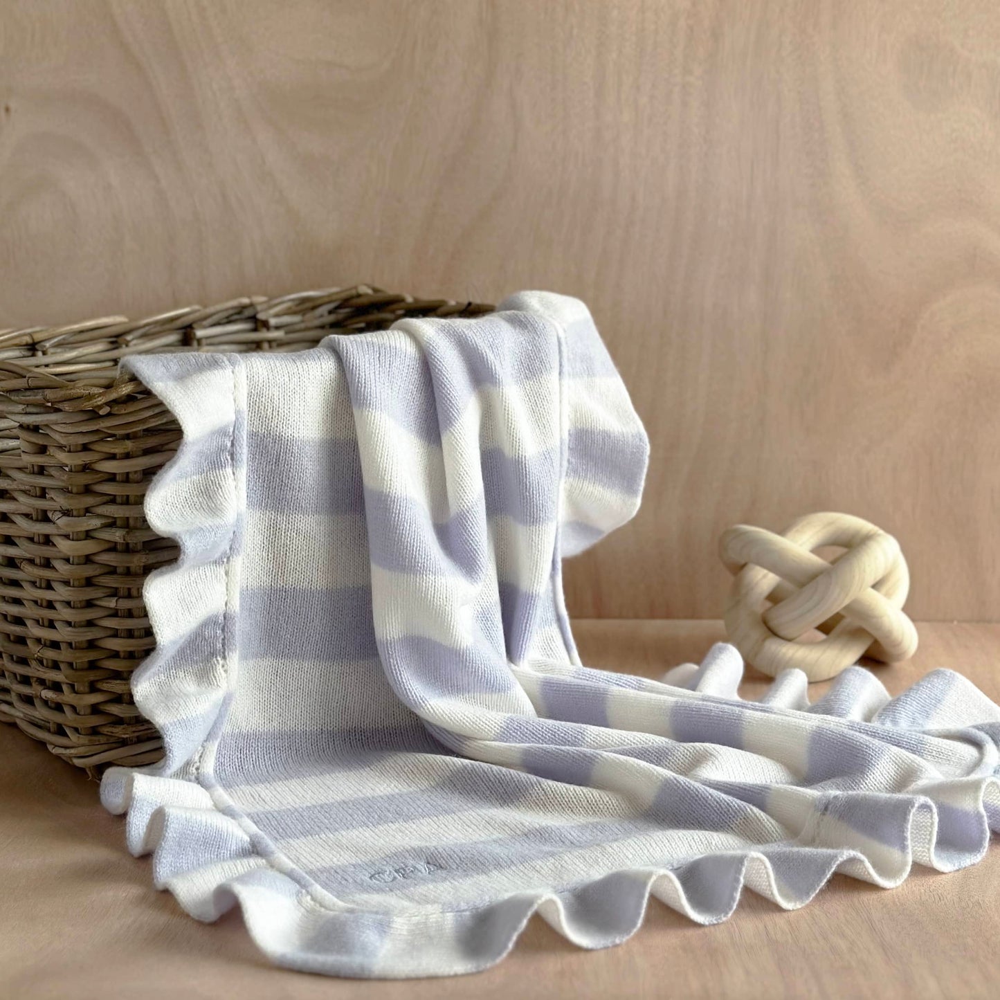 Cashmere Frill Bold Stripe Baby Blanket with Personalisation in Light Blue and White
