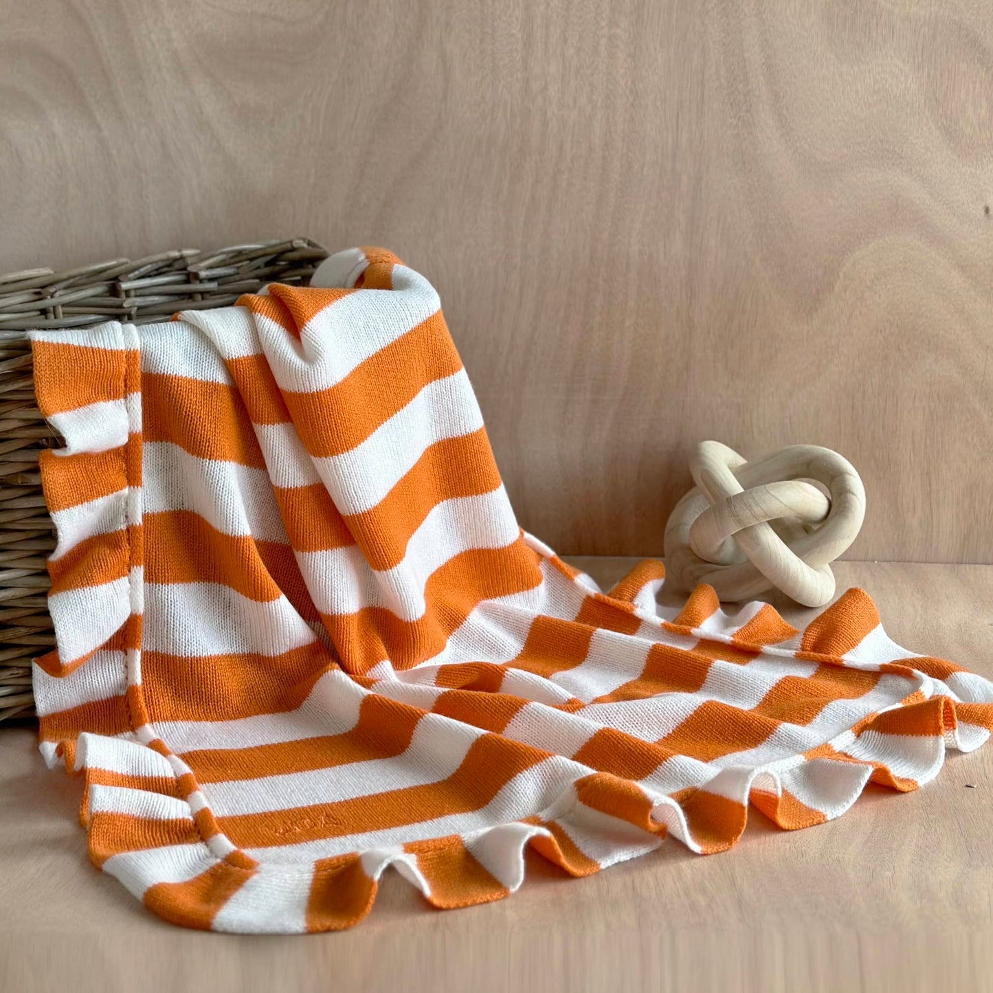 Cashmere Frill Bold Stripe Baby Blanket with Personalisation in Orange and White