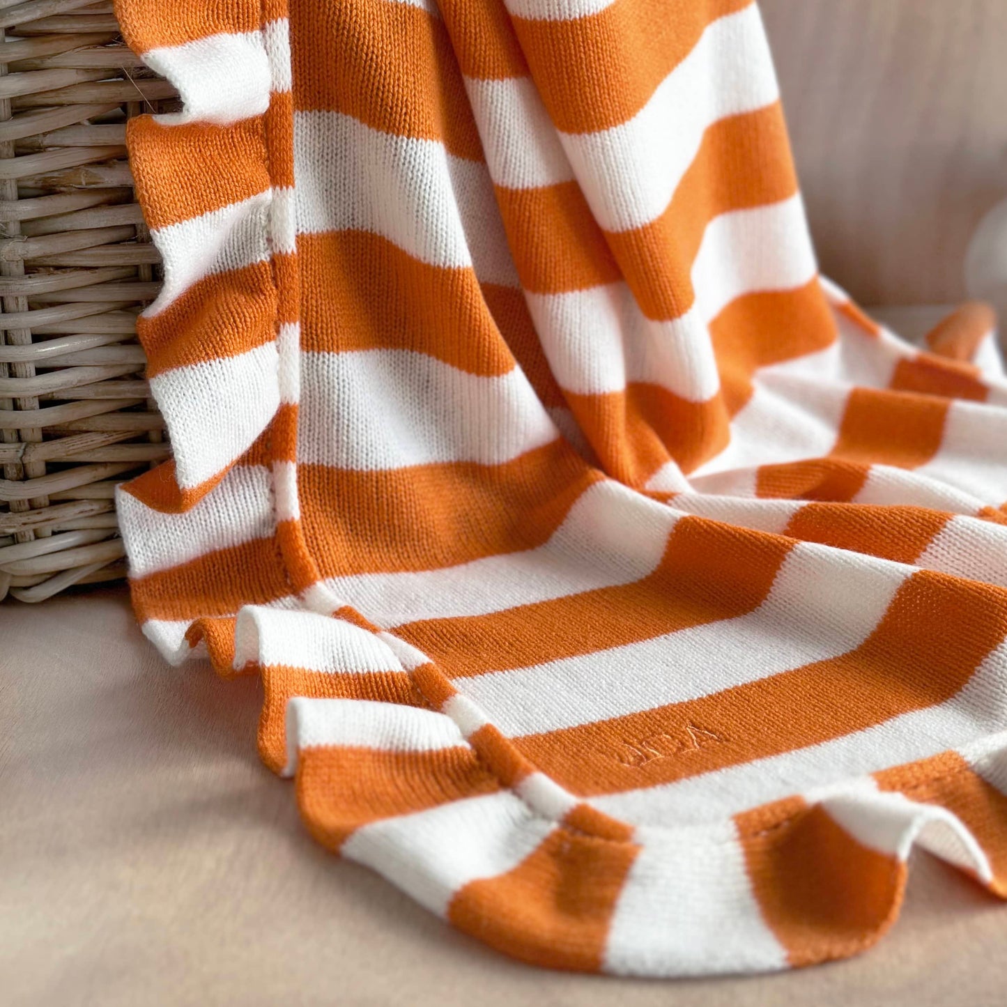 Cashmere Frill Bold Stripe Baby Blanket with Personalisation in Orange and White