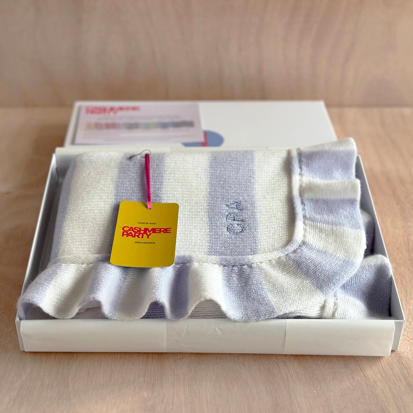 Cashmere Frill Bold Stripe Baby Blanket with Personalisation in Light Blue and White