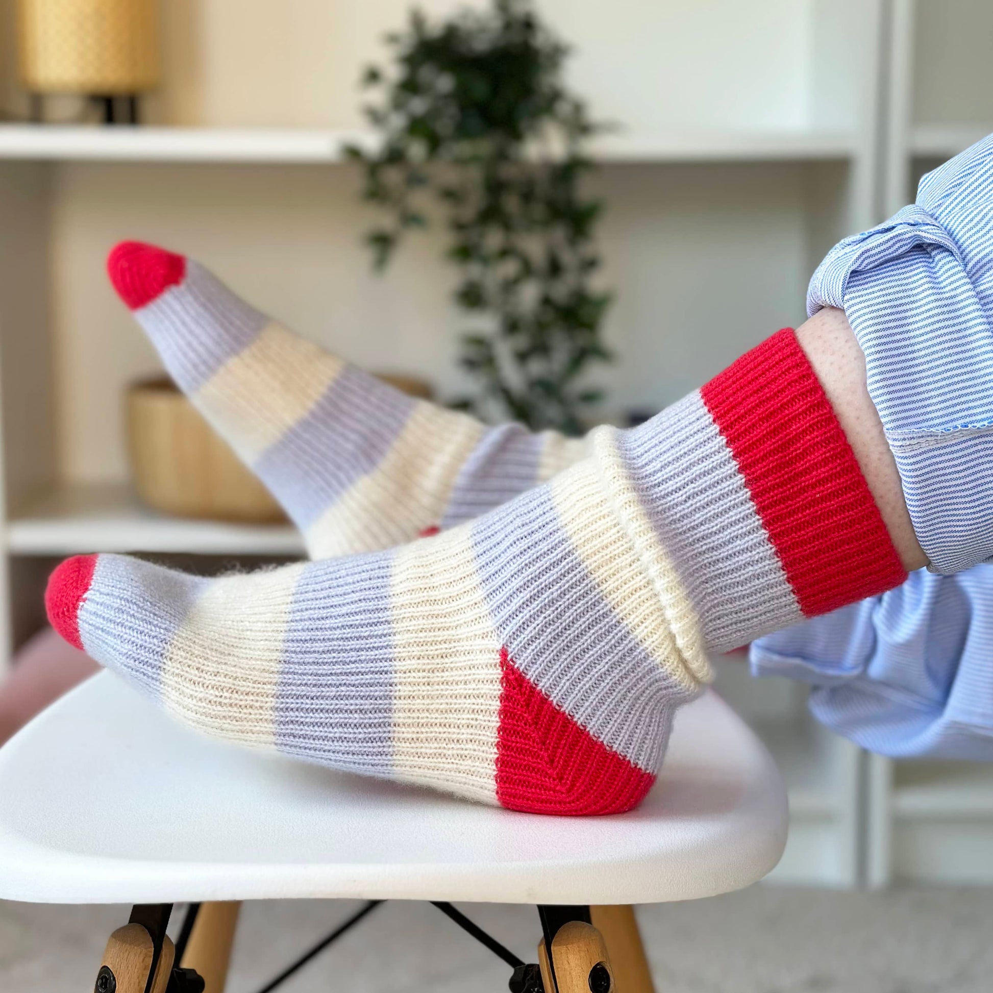 100% cashmere socks by Cashmere Party.  Modern bright bold stripe cashmere bed socks in Light Blue and Cream colour with red heel toe and ribbing.  Handmade socks.