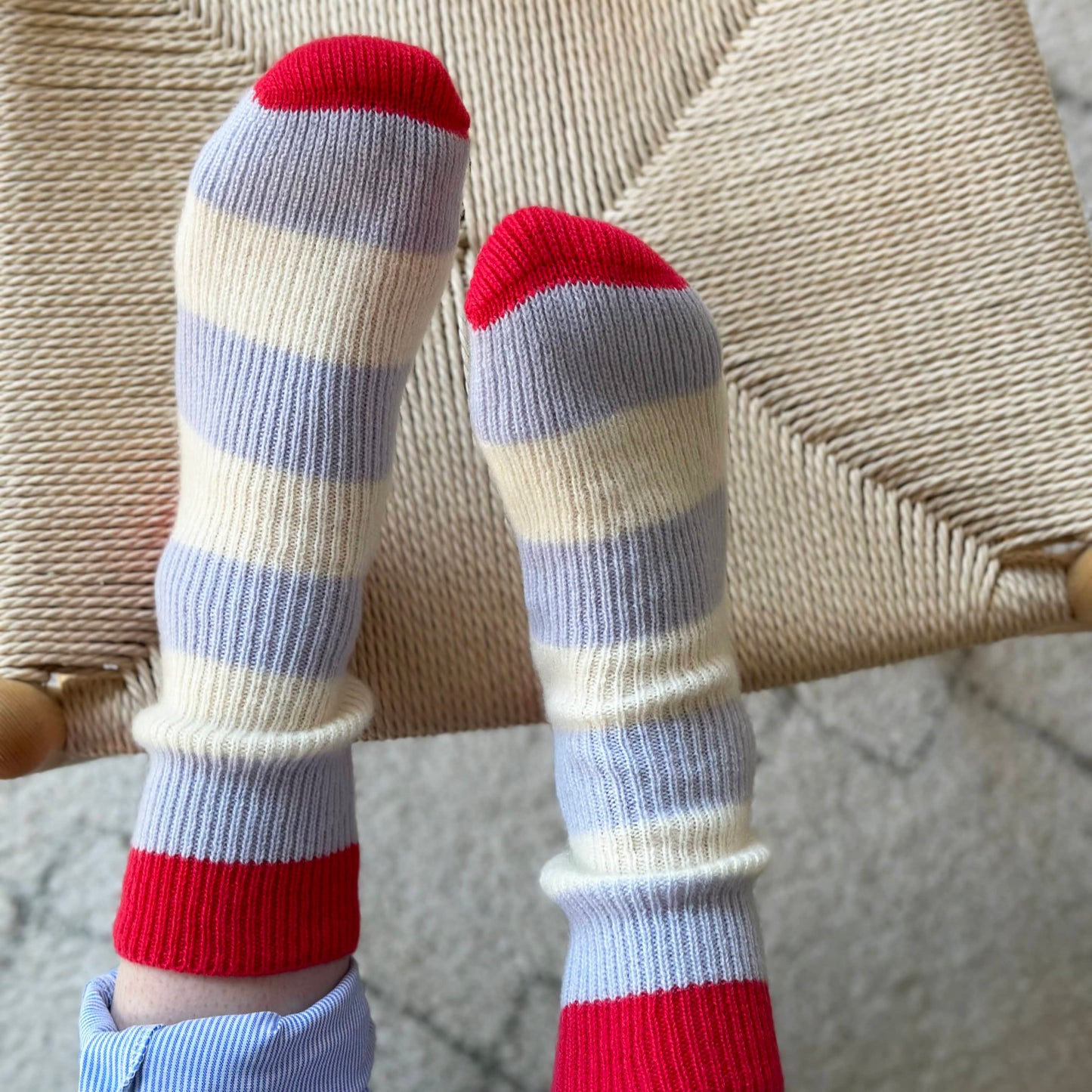 100% cashmere socks, warm chunky ribbed cashmere socks modern bright bold stripes.  Handmade luxury socks by Cashmere Party