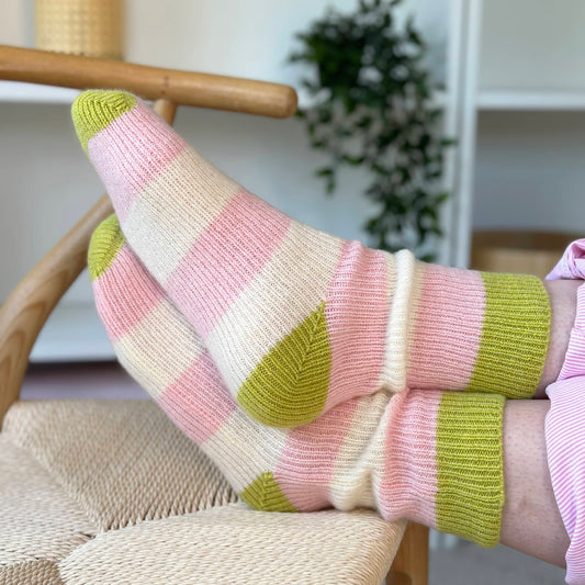 100% cashmere socks by Cashmere Party.  Bold stripes in pink, lime and cream.  Modern fun cashmere.  Handmade luxury socks.