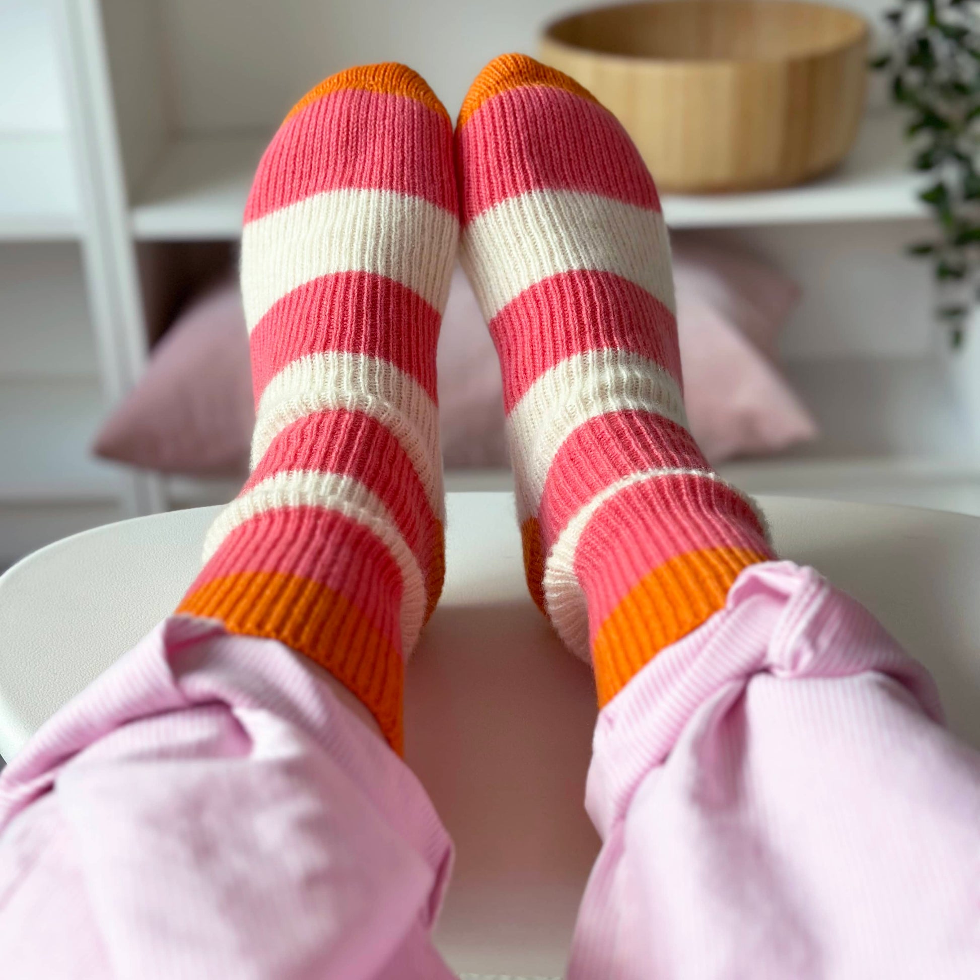 100% cashmere socks by Cashmere Party.  Handmade cashmere socks in bold stripes.  Modern Fun cashmere socks.