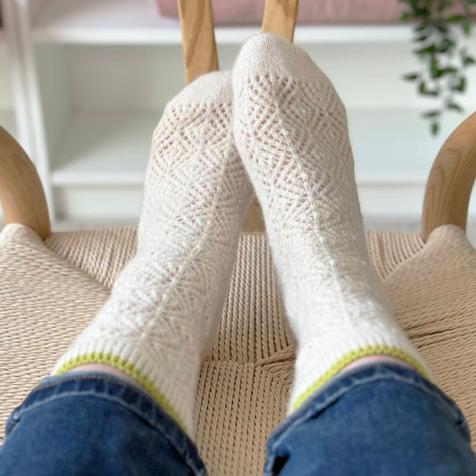 100% cashmere lace socks by Cashmere Party.  Handmade lace cashmere socks with lime green tipping on rib.