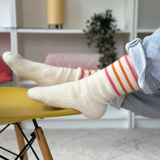 100% cashmere sport sock by Cashmere Party.  Handmade cashmere sport sock with coral and orange sport stripes.  Modern fun bold cashmere socks.