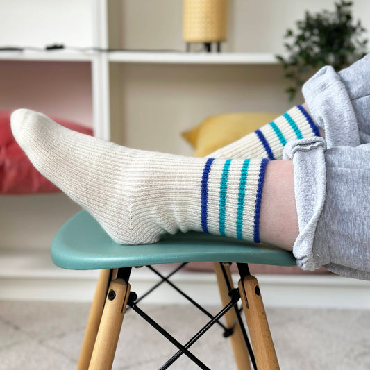 100% cashmere socks.  handmade cashmere sport sock with blue stripes.  Cashmere party pure cashmere socks.  Modern bright fun cashmere socks.