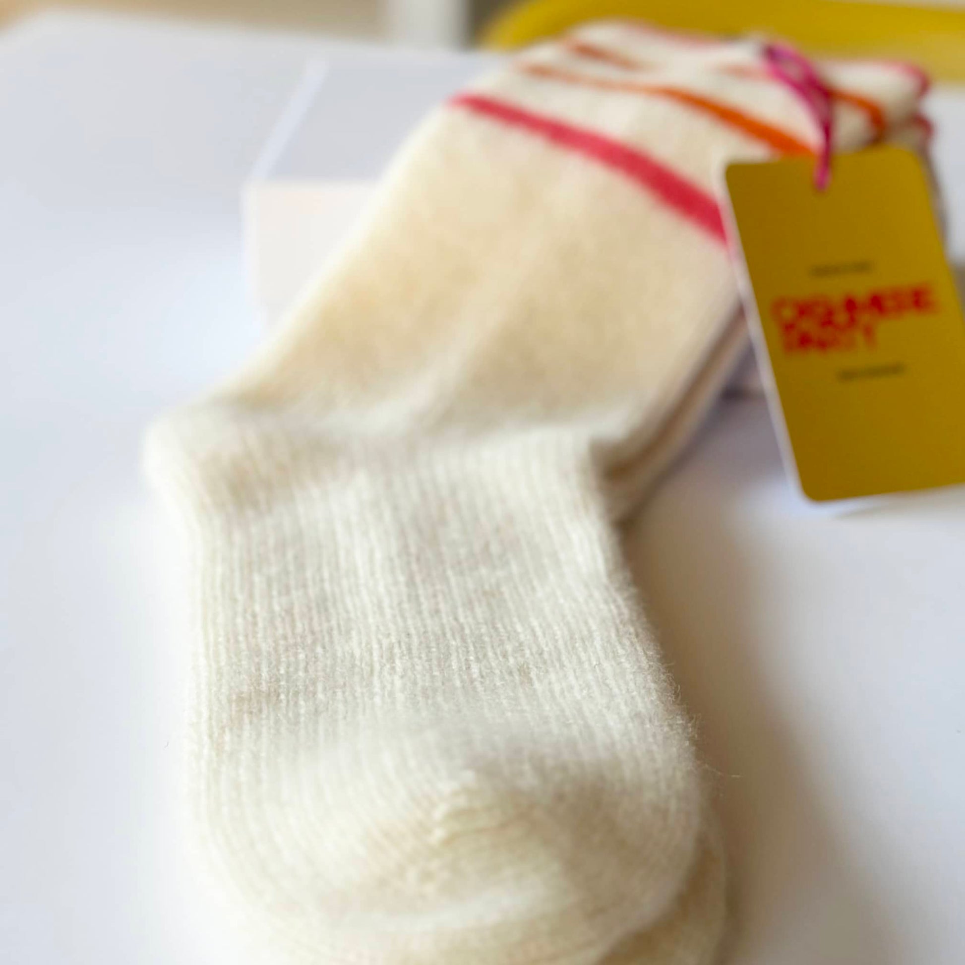 Close up of 100% cashmere sport socks by Cashmere Party.  Handmade thick warm ribbed cashmere sport socks.