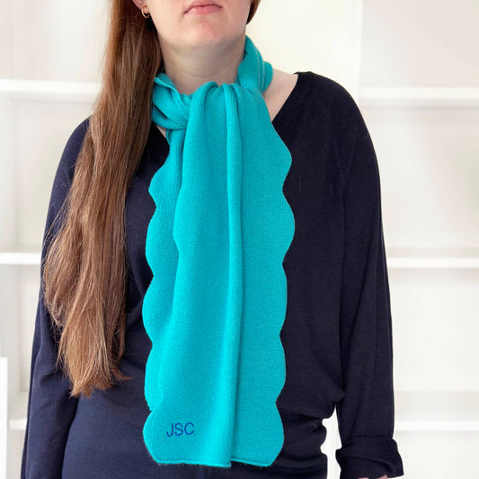 Pure cashmere personalised scarf with scallop edge.  Handmade knitted luxury cashmere scarf gift in turquoise colour.