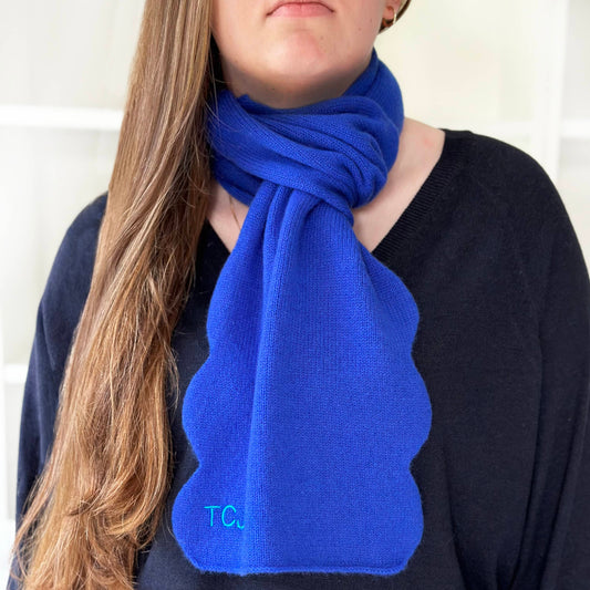 Pure cashmere scarf in bright blue colour.  Yves blue handmade knitted cashmere scarf with scallop edges and personalisation.