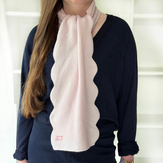 Luxury cashmere scarf in light pink colour by Cashmere Party.  Scallop wavy edge scarf in pale pink with personalisation.