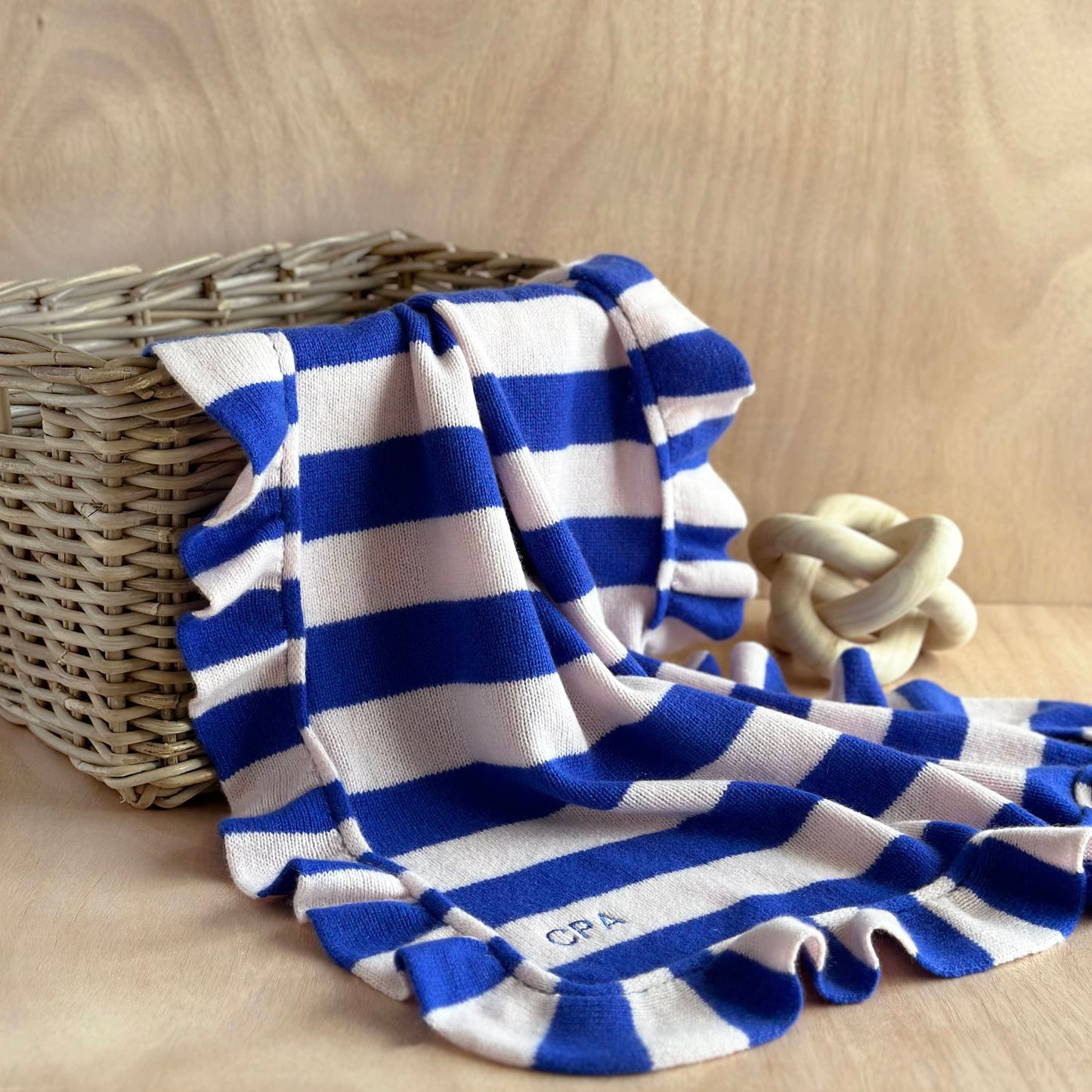 Cashmere Frill Bold Stripe Baby Blanket with Personalisation in Blue and Pink