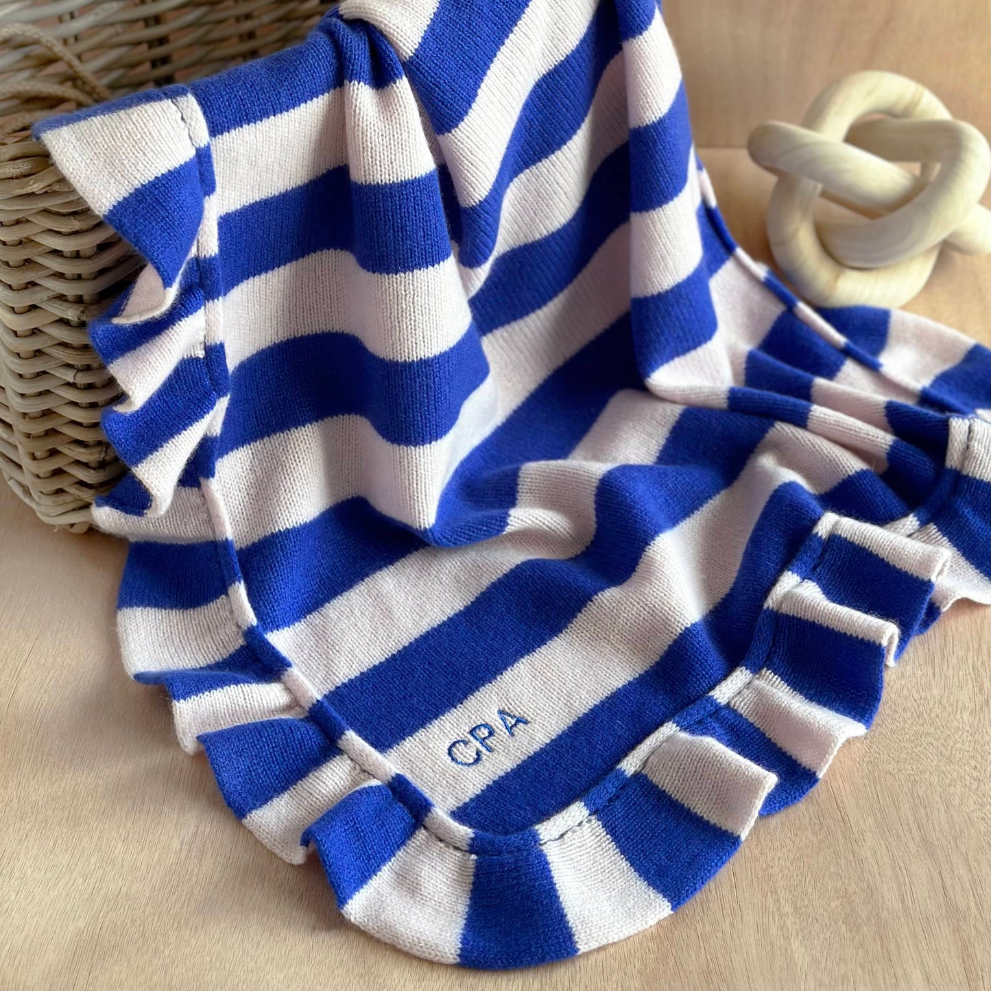 Cashmere Frill Bold Stripe Baby Blanket with Personalisation in Blue and Pink