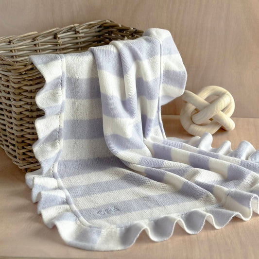 Cashmere Frill Bold Stripe Baby Blanket with Personalisation in Light Blue and White