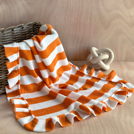 Cashmere Frill Bold Stripe Baby Blanket with Personalisation in Orange and White