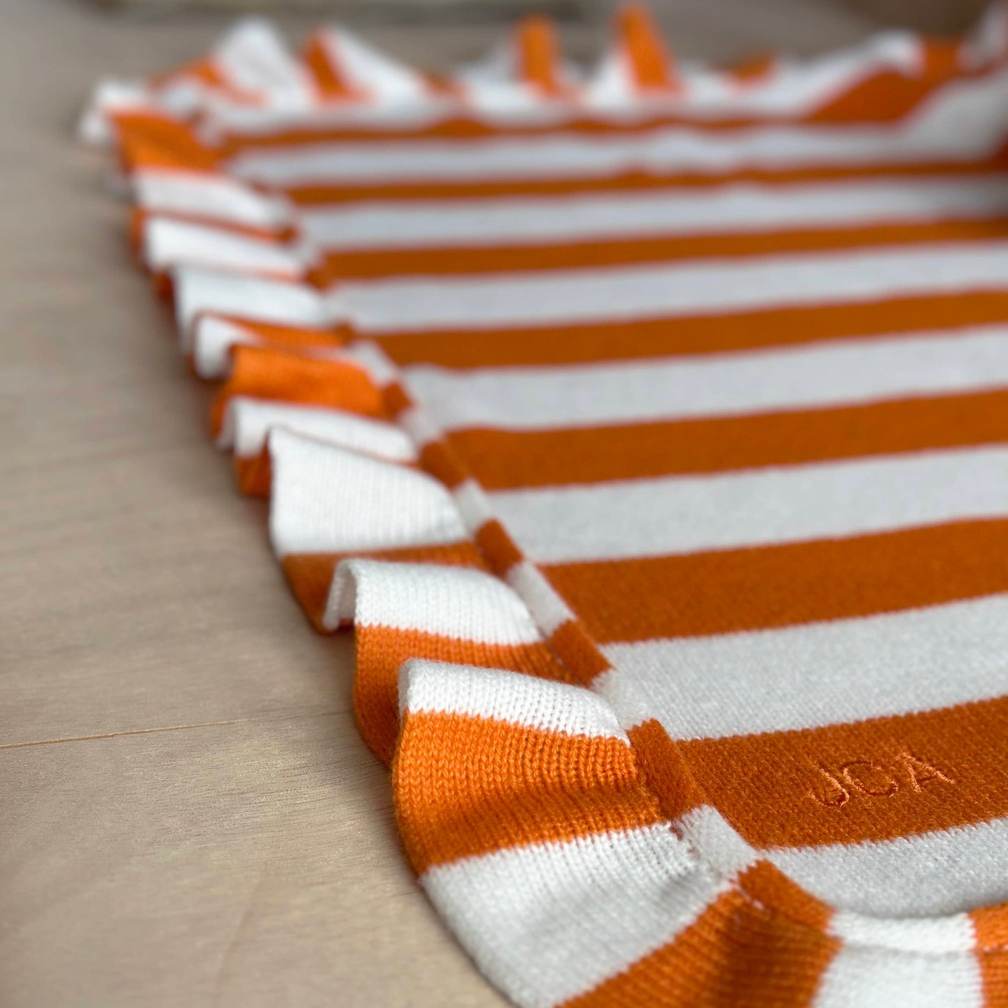 Cashmere Frill Bold Stripe Baby Blanket with Personalisation in Orange and White